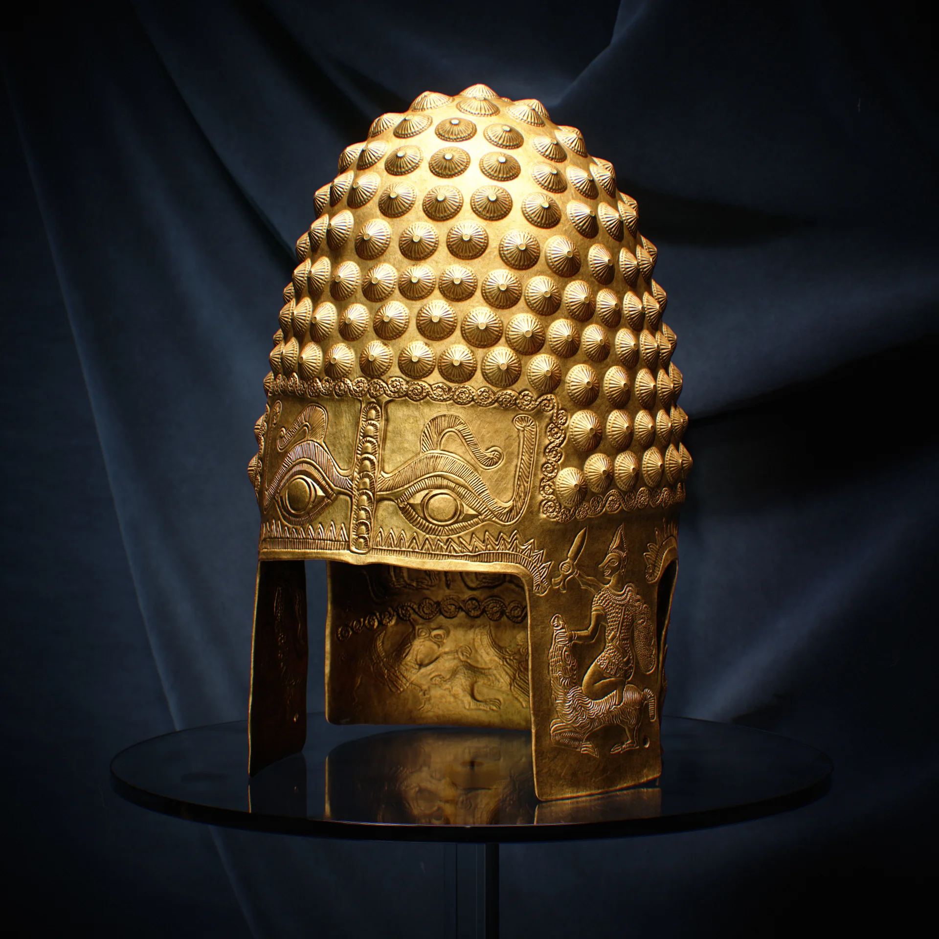 Digital reconstruction of the Golden Helmet of Cotofenesti on a draped blue fabric backdrop