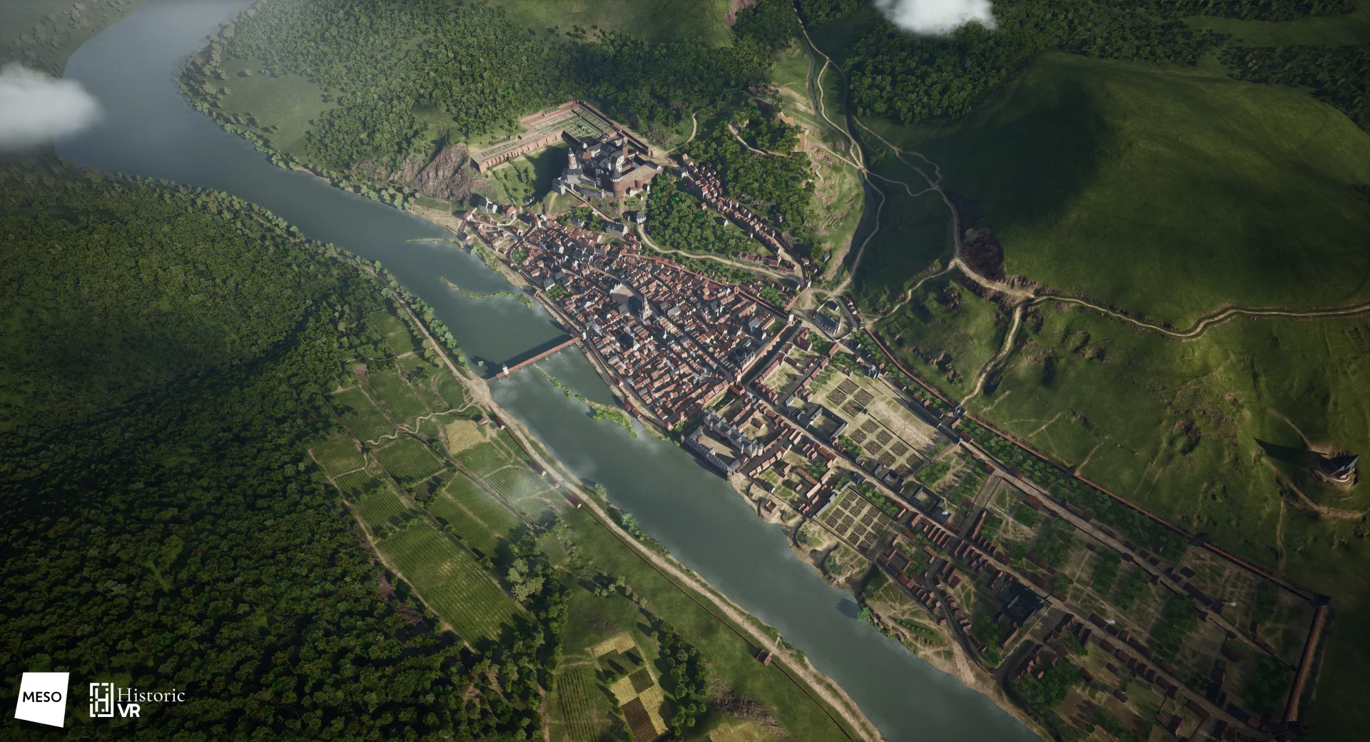 Reconstruction of Heidelberg before the siege of 1622, city walls and castle